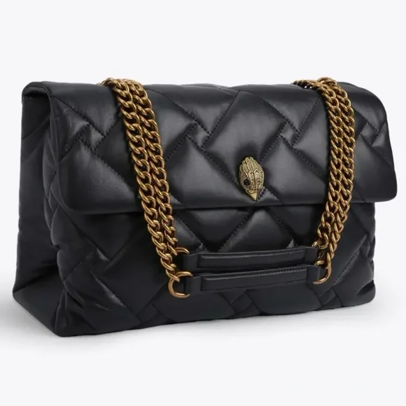 Kurt Geiger XXL Kensington Black Quilted Leather Eagle Gold Chain Shoulder Bag - Picture 2 of 16